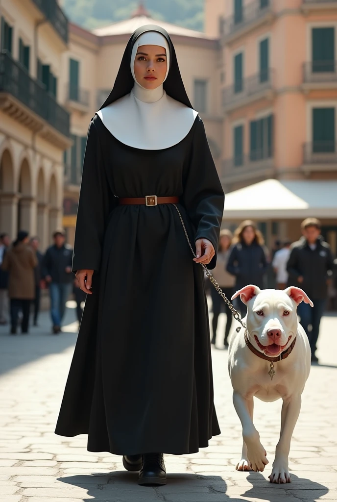 A woman dressed as a nun walking an all-white Pitbull in a square