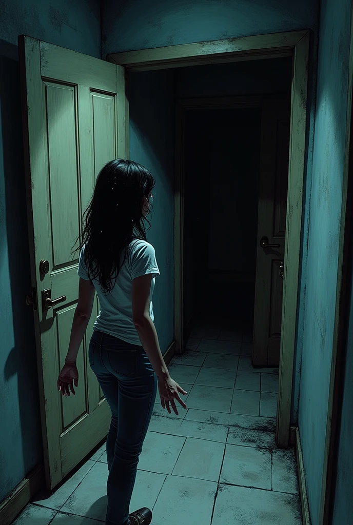 You can generate a horror comic image following this text:Sarah slowly approaches a dark door, from which the noises seem to come. His hand is extended, about to grab the handle.