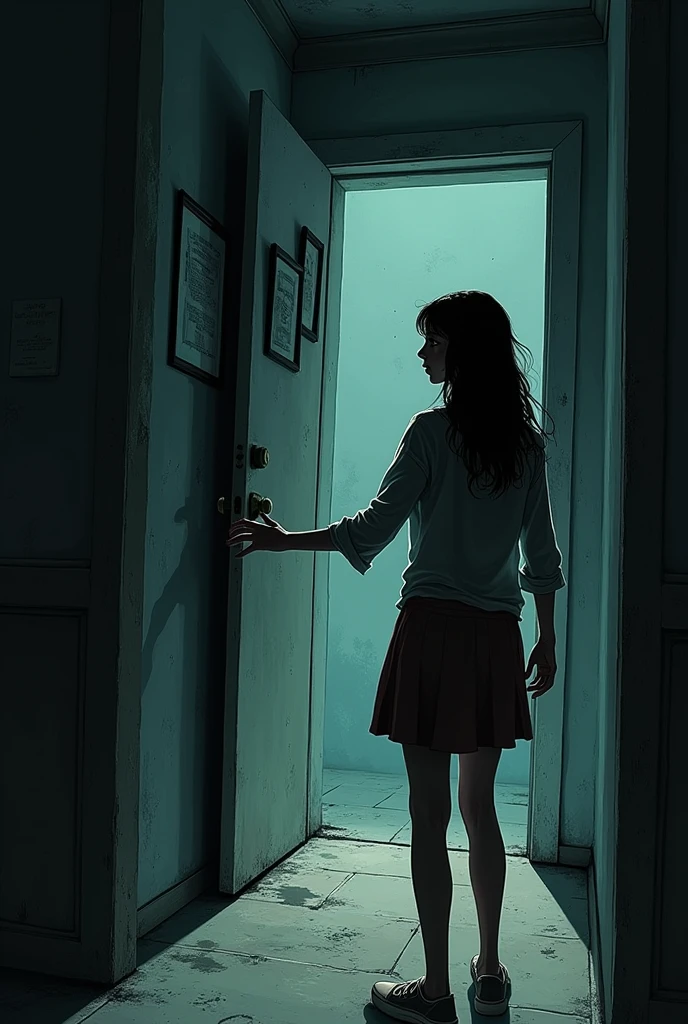 You can generate a horror comic image following this text:Sarah slowly approaches a dark door, from which the noises seem to come. His hand is extended, about to grab the handle.