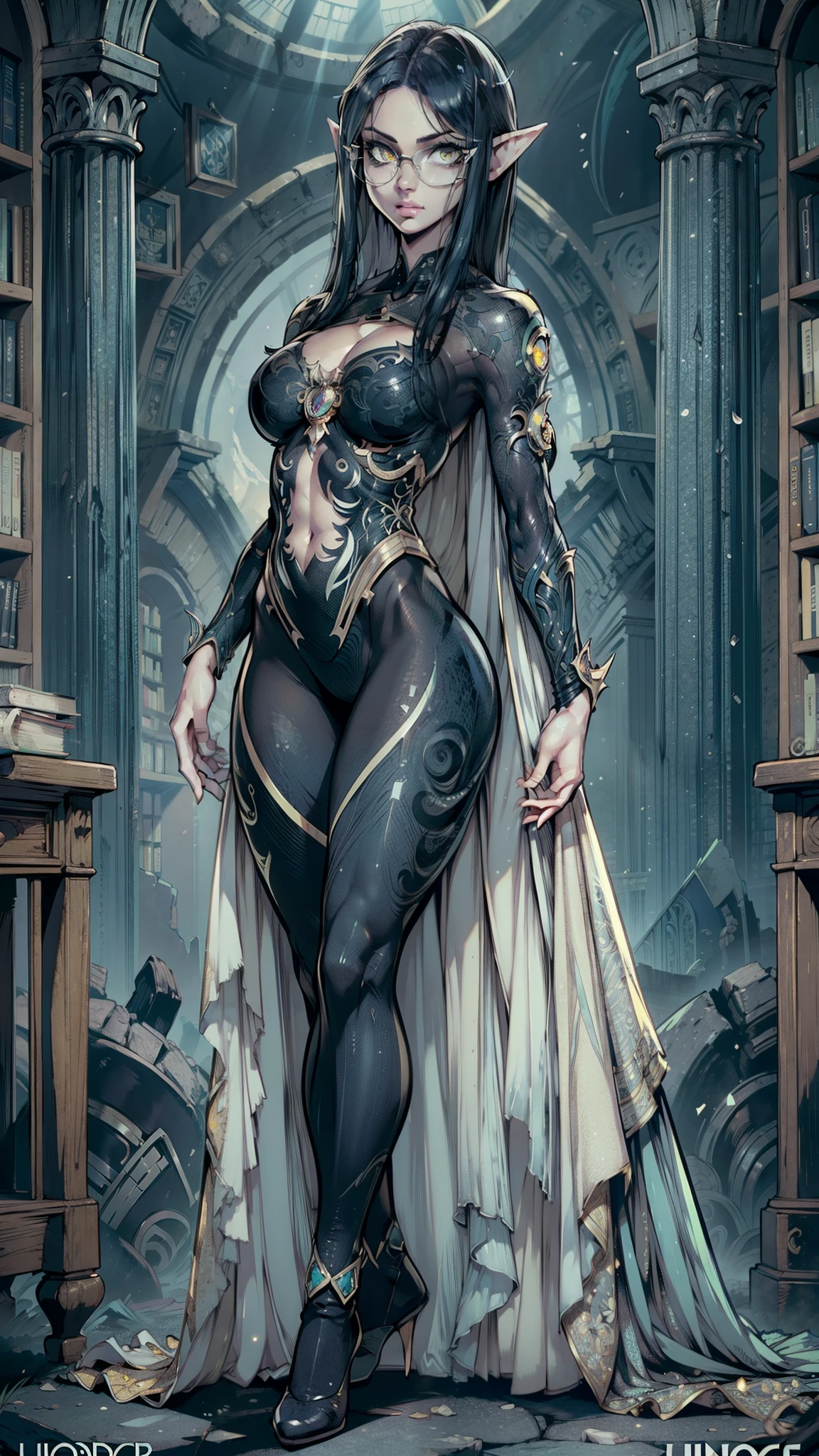 high resolution, ultradetailed, 1 girl, (very short dark blue hair with black tint:1.2), (green tight floral suit:1.1), (library ruins background:1.2 ), sunny day, ray of lights, 16k, unreal engine, UHD, photorealistic, (skin texture:1.2), (detailed face features:1.2), correct proportions, (beautiful yellow eyes:1.3), cowboy pose, pretty eyes, Iris contour, plump lips, (thin and sharp pale eyebrows), long dark eyelashes, (dynamic pose), huge ahoge, glasses, enigmatic, ginagerson, dark elf, pointy ears, light skin, full body shot, accurate small snub nose, detailed face