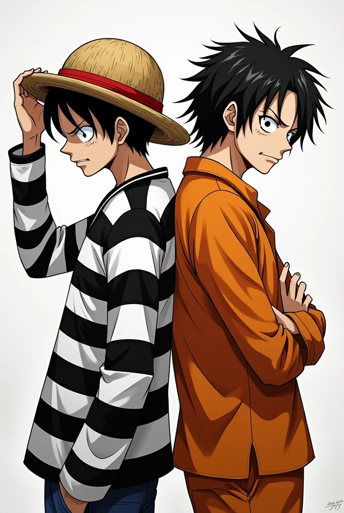 Monkey D. Luffy in a black and white striped long-sleeved prison uniform and Monkey D. .... Luffy in orange long sleeve prison uniform Original anime One Piece