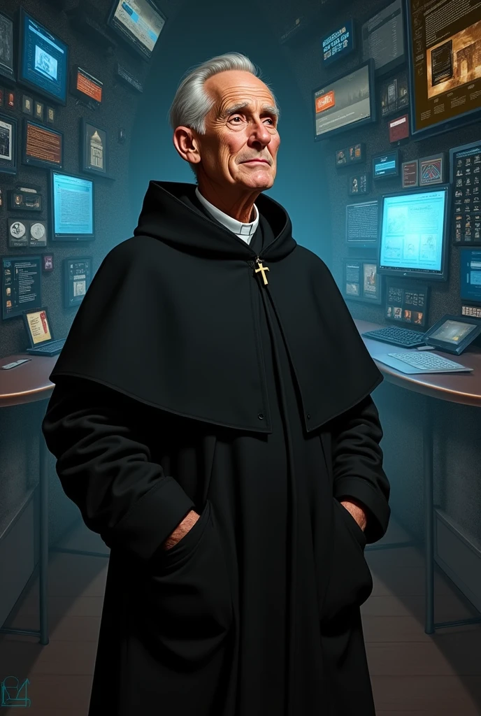 Draw Don Bosco watching technology 

