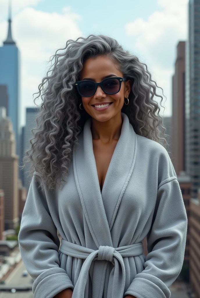A beautiful youthful looking Hispanic version of Ariana Grande as a 50 years old woman with long her completely gray hair in a big curls styles as the superhero Daisy Johnson from Agents of S.H.I.E.L.D with blue eyes wearing sunglass wearing a bathrobe in a city downtown with many skyscraper nearby she is smiling for the camera