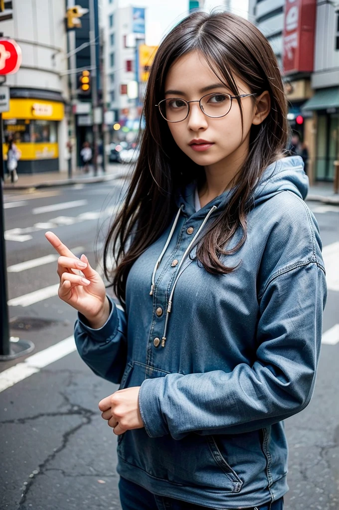 Photo of a beautiful woman standing on a street corner, (masterpiece:1.2, highest quality), (Realistic, photoRealistic:1.4), Beautiful illustrations, (Natural Side Lighting, Cinema Lighting), Written boundary depth, Beautiful thighs staring at the viewer, (((Face Focus, Upper Body))), 1 female, 30-year-old, alone, thin, slender, small breasts!!!, Loose curly hair, Bedhead, Forehead, thin, slender, (((glasses))), hoodie, Denim pants, Are standing, New York 25th Street, (((japanese))), portrait