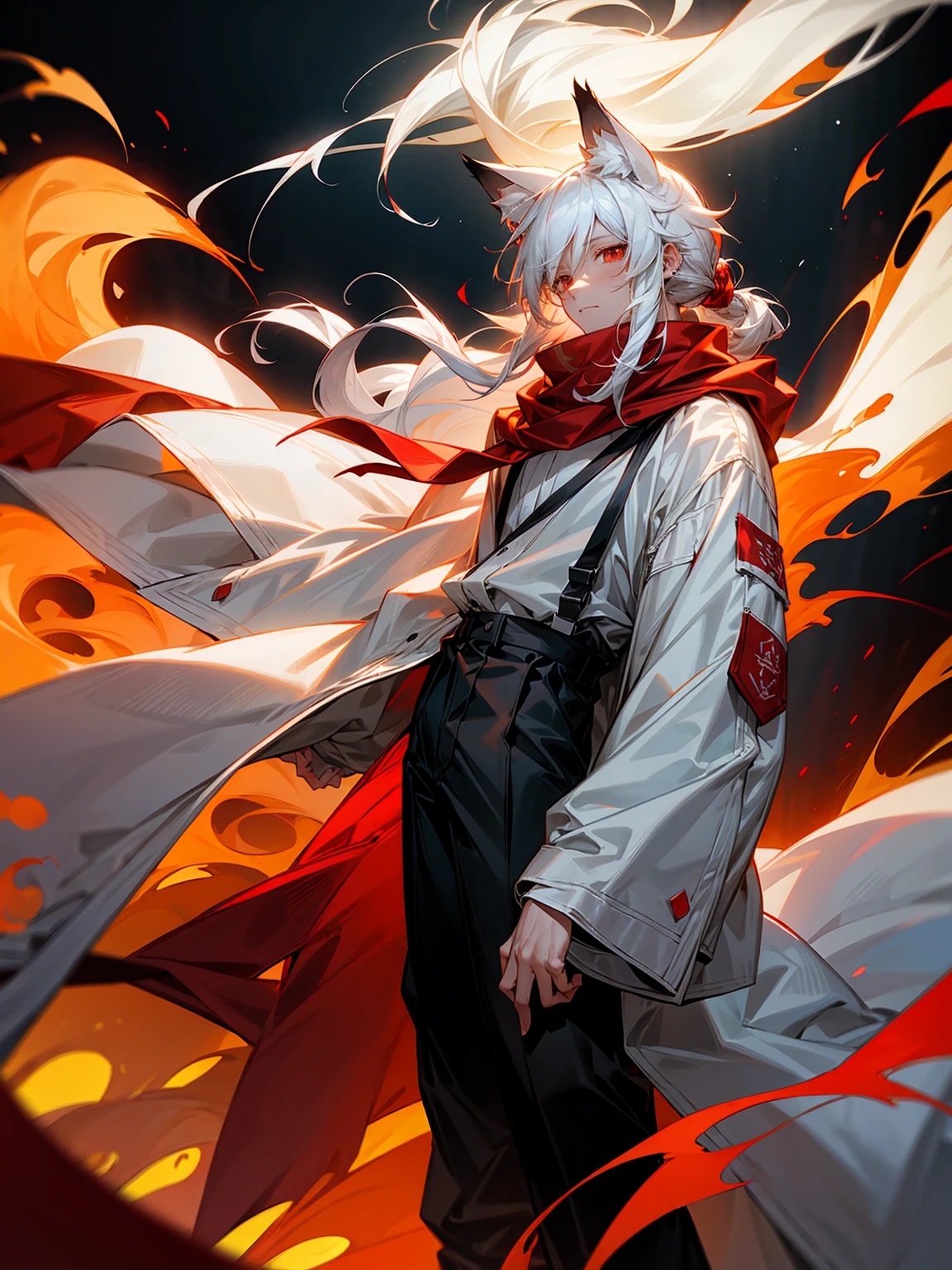 1male, Adult, Long White Hair, White Baggy Long Sleeve Shirt, Baggy Black Pants, Red Eyes, Red Scarf, Earring, Masculine, Dog Ears, Surrounded By Flames, Wolf, Single Hair Braid