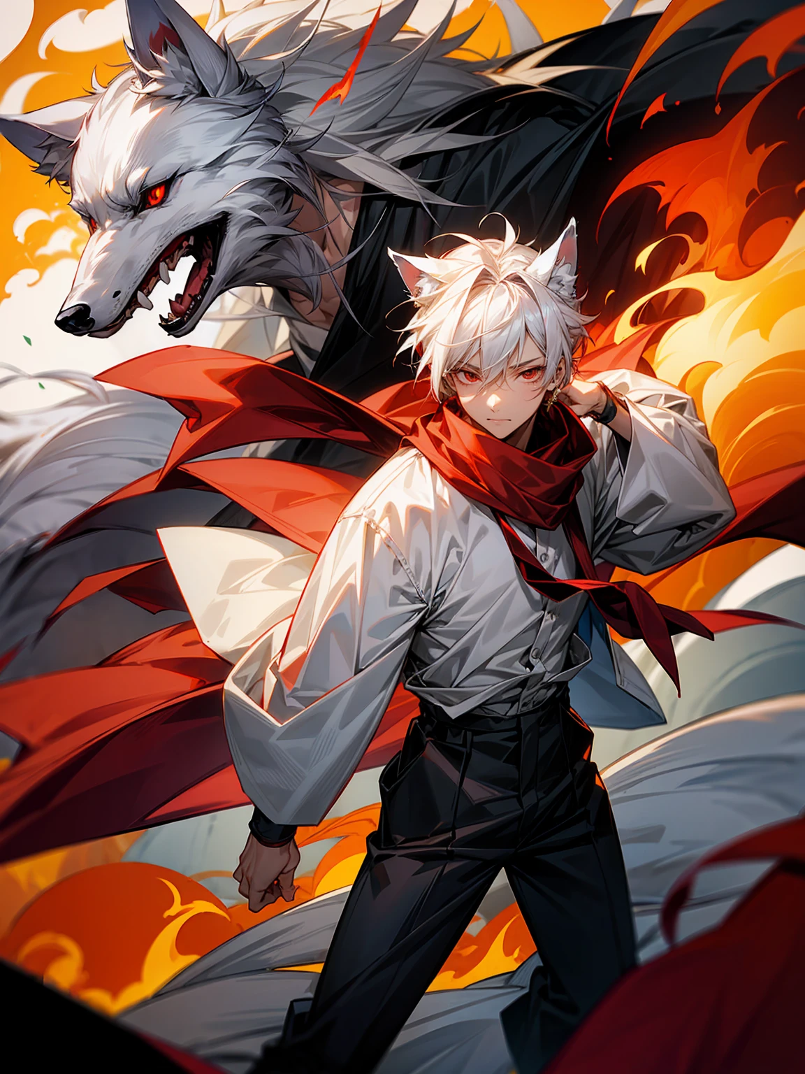 1male, Adult, Long White Hair, White Baggy Long Sleeve Shirt, Baggy Black Pants, Red Eyes, Red Scarf, Earring, Masculine, Dog Ears, Surrounded By Flames, Wolf, Single Hair Braid