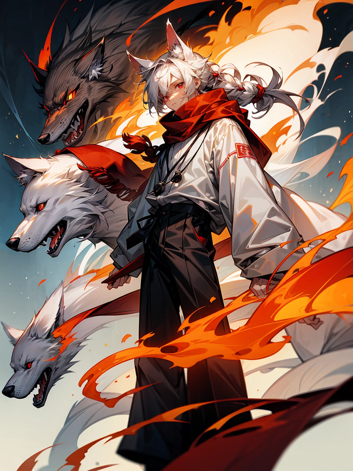 1male, Adult, Long White Hair, White Baggy Long Sleeve Shirt, Baggy Black Pants, Red Eyes, Red Scarf, Earring, Masculine, Dog Ears, Surrounded By Flames, Wolf, Single Hair Braid