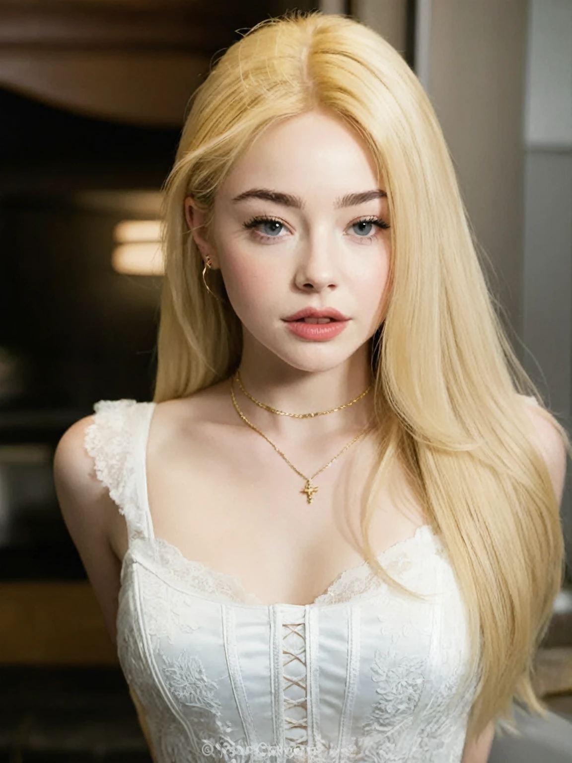 a closeup of a woman with long blonde hair wearing a white dress, beautiful south mujer, girl , A girl with blonde hair. beautiful girl, very very pale blonde hair. sabrina carpenter.