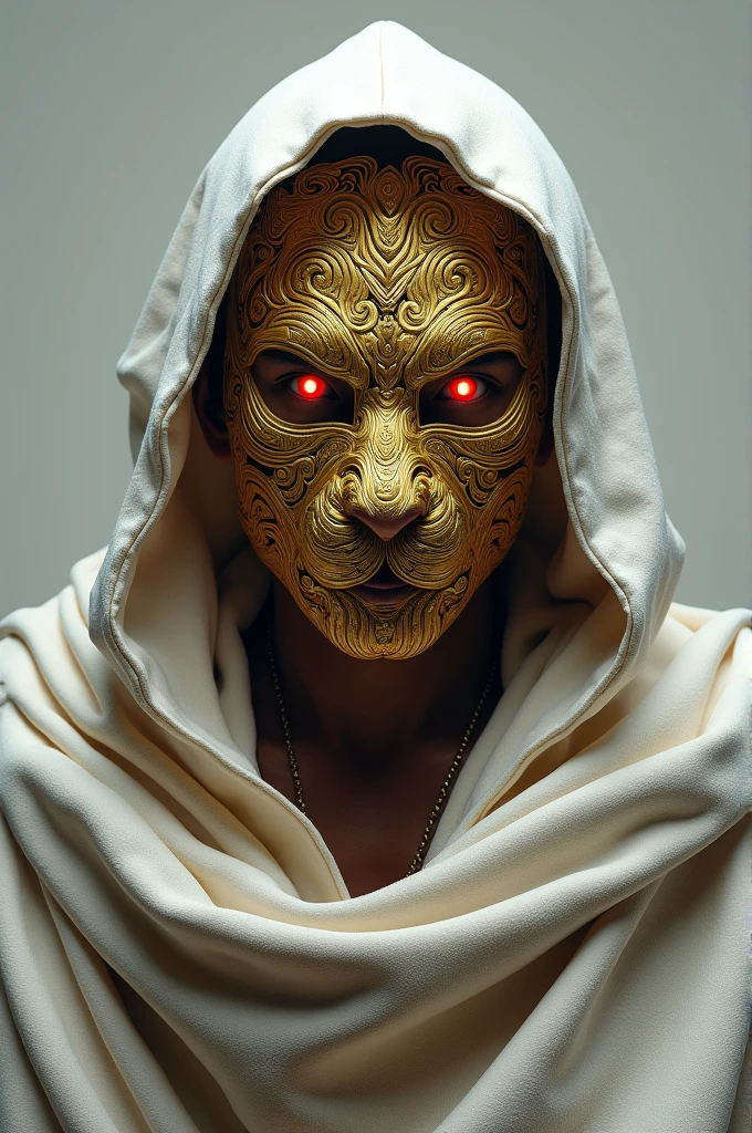 a 2 Indonesian man wearing a white tiger skin robe covering his head, a gold mask with a very complicated pattern, bright red eyes, hyperrealistic macro, very detailed and clear objects, ultra HD 32k, high resolution, front view