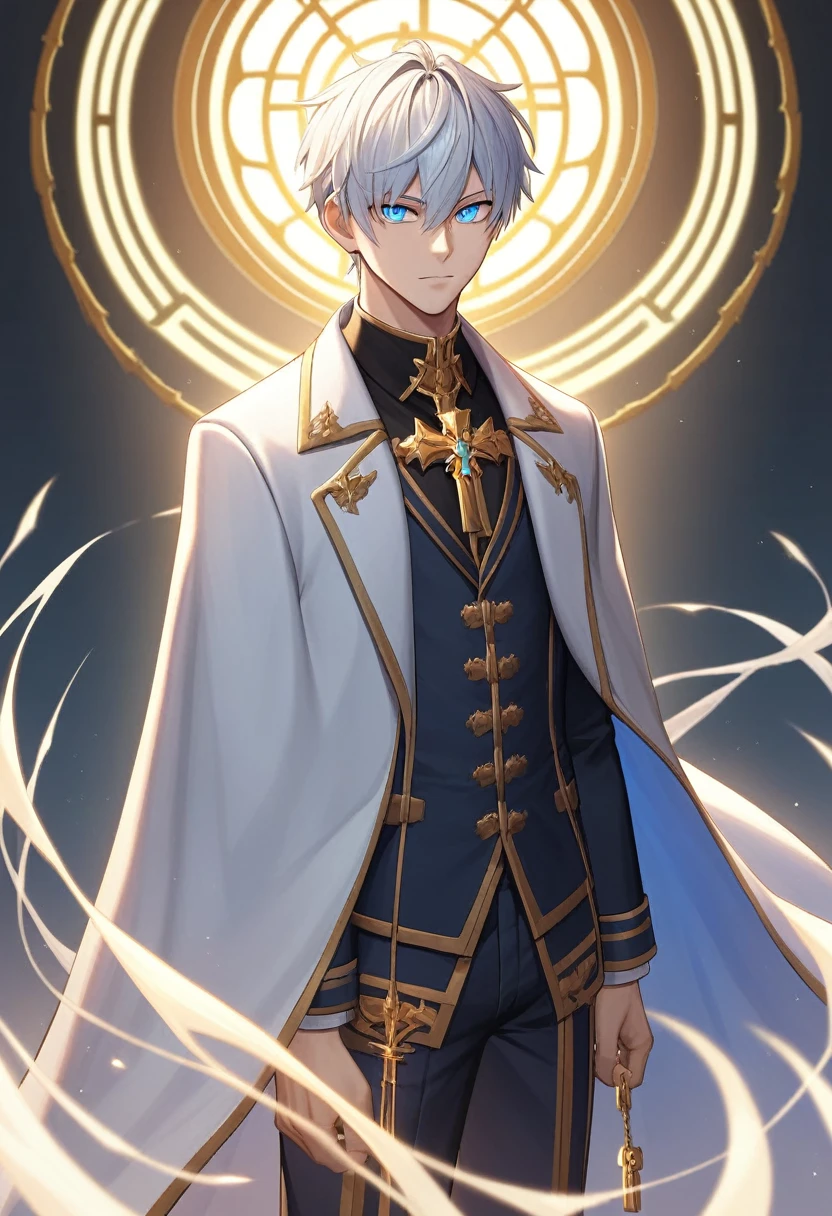 a tall anime man with short silver hair and blue eyes, wearing a suit and a white cape, male anime character, beautiful prince, official art, key anime art, (best quality, 4k, 8k, highres, masterpiece:1.2), ultra-detailed,highly detailed facial features, extremely detailed eyes and face, detailed clothing, beautifully shaded, dramatic lighting, cinematic composition, vibrant colors, digital painting, anime style, dynamic pose, intricate details, ornate design, simple light-colored background,