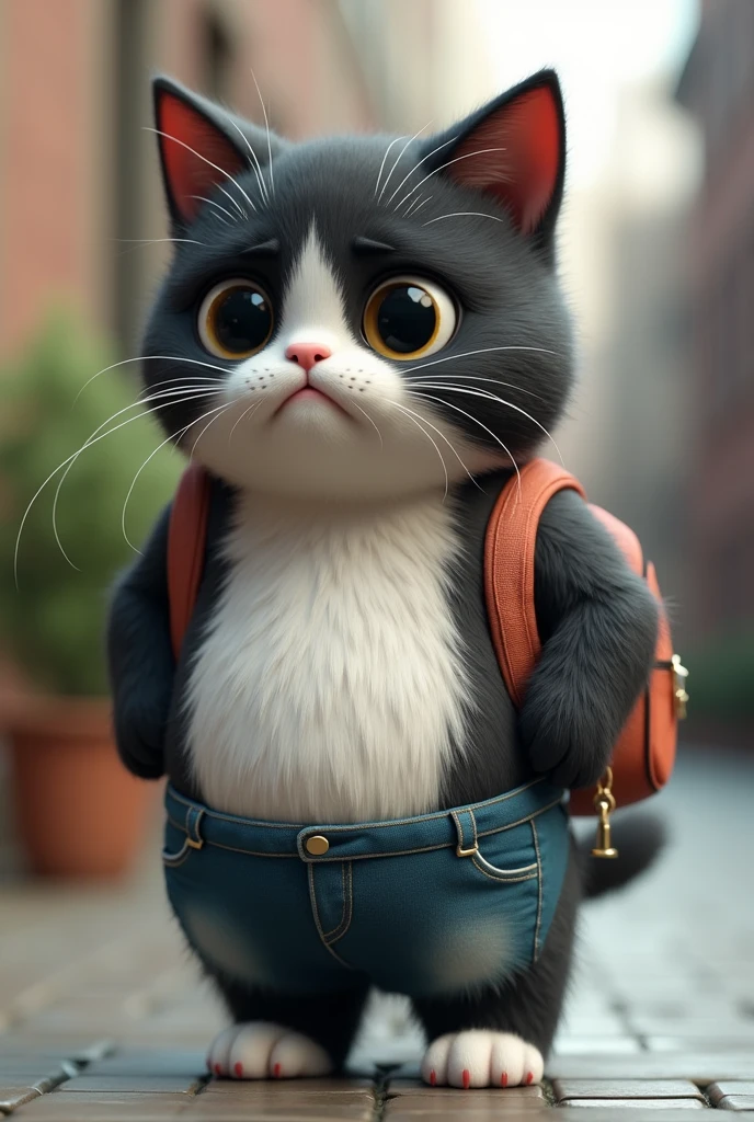 sad fat black and white cat with pants and bakcpack going to school, cute crying face, 3d artstyle
