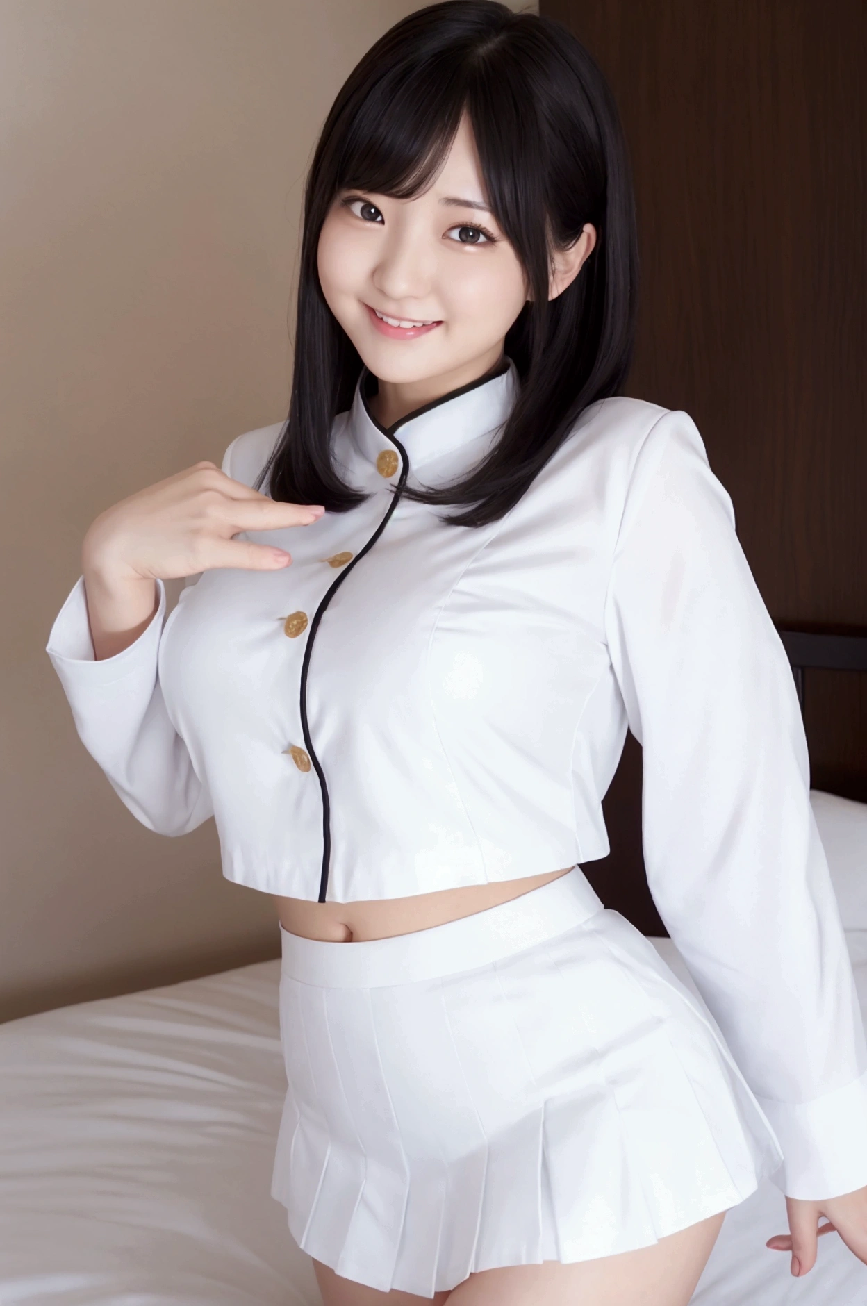Burning idol pose Adorable smile Hotel bed uniform White clothes High resolution Big Breasts Black mini skirt The skirt should be short Beautiful feet Beautiful Hair height: 155cm No sleeve