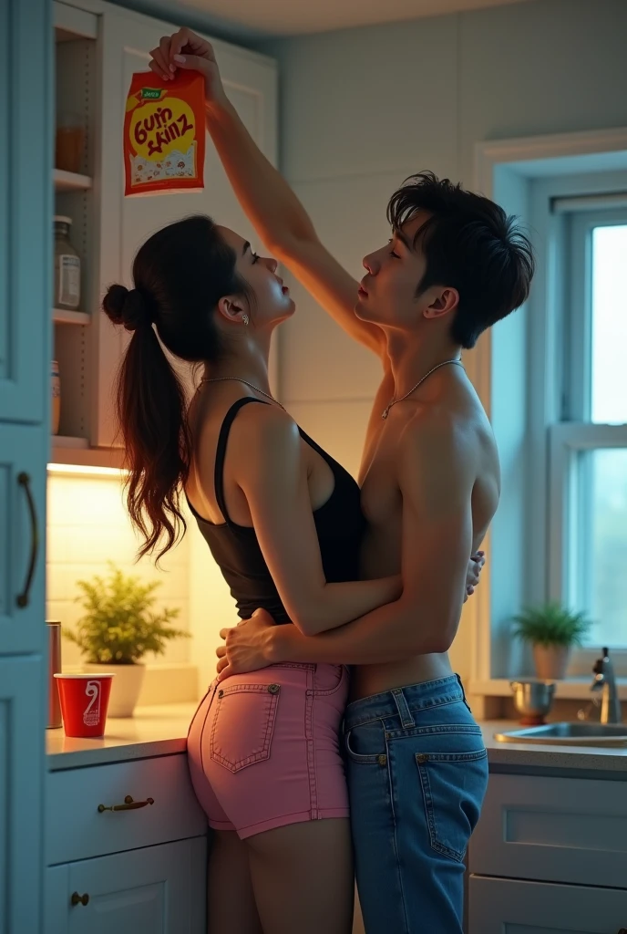 create an image where Camila Cabello is in a kitchen, wearing a black tank top and pink shorts, brown hair tied in a bun, the soft light in a cold tone, there are plants on the countertops as decoration. Jeon Jungkook is shirtless and wearing jeans, standing behind her. She's tiptoeing, stretching her body to reach a bag of popcorn on the highest shelf of the cabinet while he is behind her and also stretches his arm to grab the bag SHE HAS HER BACK TO HIM