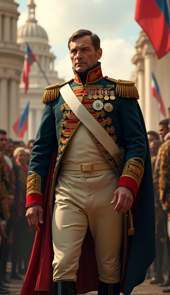"Image de Napoléon en uniforme militaire, prenant le pouvoir avec une foule de partisans derrière lui."