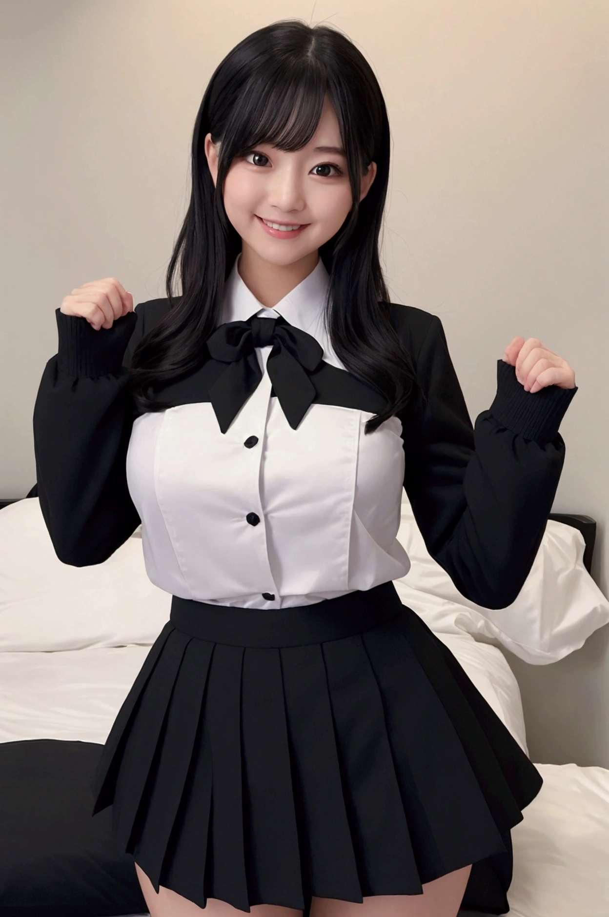 Burning idol pose Adorable smile Hotel bed uniform Black clothes High resolution Big Breasts Black mini skirt The skirt should be short Beautiful feet Beautiful Hair height: 155cm
