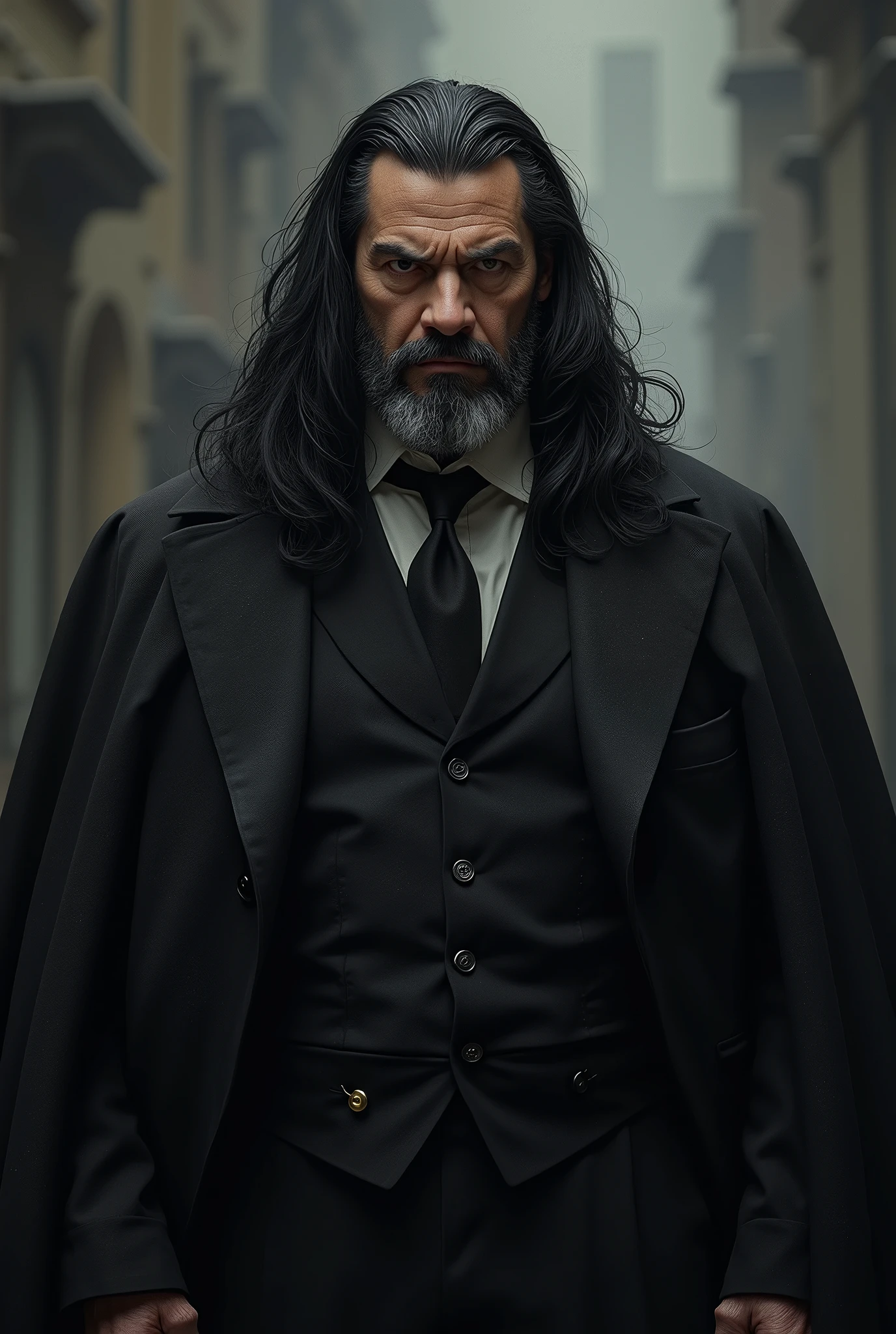 The Master (Raúl)
Age: Approximately 50 years.
Hair: Thick, black with some gray, combed back.
Eyes: Black, with a severe and authoritarian look.
Height: Tall and burly, with an imposing presence.
Clothing: Always well dressed, in dark suits, often carrying a tie or handkerchief in his breast pocket. His style is elegant and sober.