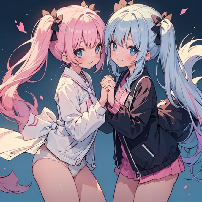 In underwear、Embrace each other、cute、White pantiesが丸見え、16Year、(White panties:1.3)、Beautiful thighs、White panties、
delicate、masterpiece、Highest quality、2 peopleの、2 peopleだけ、2 people、(((cute、Pink Hair、Long Hair、Twin tails,distinct eyes、haveは無し)))、(((cute、Silver Hair、Side Tail、High ponytail on the left、have)))、2 peopleとも正面を向いている、Sparkling eyes sketch(flying debris), (Highest quality), Very detailed, ((1 person)), Focus Only,dynamic,((smile)),Perfect Face, Beautiful Face, Very detailedな顔,