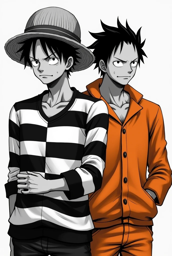 Monkey D. Luffy in a black and white striped long-sleeved prison uniform and Monkey D. .... Luffy in orange long sleeve prison uniform Original anime One Piece 