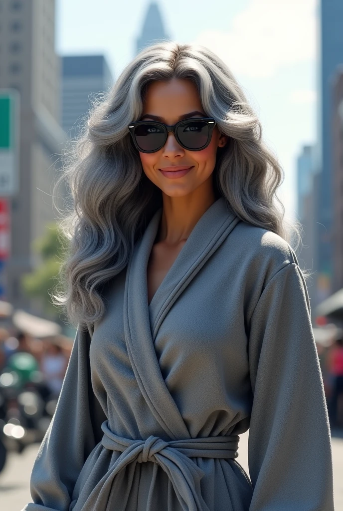A beautiful youthful looking Hispanic version of Ariana Grande as a 50 years old woman with long her completely gray hair in a big curls styles as the superhero Daisy Johnson from Agents of S.H.I.E.L.D with blue eyes wearing sunglass wearing a bathrobe in a city downtown with many skyscraper nearby she is smiling for the camera