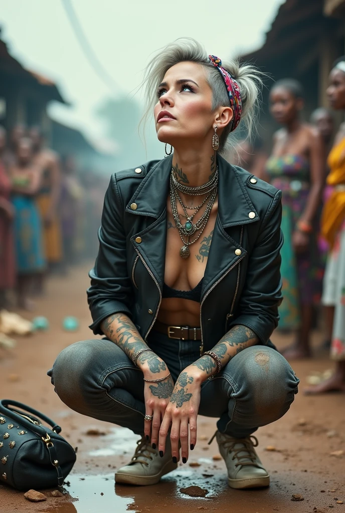 russian milf woman, grey hair (high pouf, top bun, shaved sides), colourful bandana as headband, with very light blue eyes, extremely pale skin. Wearing cropped aged black moto jacket with lots of zippers and pins, flipped up collar. Worn skinny dark low rise blue jeans with patches, wet knees. Black and red tight push up bra, Dirty White tennis sneakers, with bracelets around ankles. Chain around hips like belts. Dirty knees, dirty feet and muddy hands. Wide studded belt. Lots of metallic bracelets, lots of boho pendants and lots of colourful beads collars. Long huge boho. Chains around the hips. Squatting on a puddle with hands on her hips, looking up, chin up, stretching her neck , needy facial expression. Bracelets in ankles and rings in fingers. Black nail polish. studded black leather tote bag with chain on the floor, next to her.. Listening looking up in amazement to somebody speaking to her from the sky, upper teeth visible. Well toned abdominals, thin neck, slim legs and thin arms. Narrow hips Cleavage, stomach, neck, tigh and hands completely covered with tattoos. Dirt street in Kenyan village full of waste. A lot of tanned fat women in traditional dresses around looking at her. next to her, all her belongings scattered on the floor: tobacco packs, makeup kit, little makeup mirror, studded black leather tote bag, lipstick, wallet, moble etc on the floor, point of view; from above