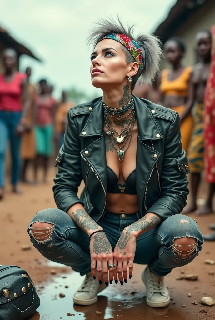 russian milf woman, grey hair (high pouf, top bun, shaved sides), colourful bandana as headband, with very light blue eyes, extremely pale skin. Wearing cropped aged black moto jacket with lots of zippers and pins, flipped up collar. Worn skinny dark low rise blue jeans with patches, wet knees. Black and red tight push up bra, Dirty White tennis sneakers, with bracelets around ankles. Chain around hips like belts. Dirty knees, dirty feet and muddy hands. Wide studded belt. Lots of metallic bracelets, lots of boho pendants and lots of colourful beads collars. Long huge boho. Chains around the hips. Squatting on a puddle with hands on her hips, looking up, chin up, stretching her neck , needy facial expression. Bracelets in ankles and rings in fingers. Black nail polish. studded black leather tote bag with chain on the floor, next to her.. Listening looking up in amazement to somebody speaking to her from the sky, upper teeth visible. Well toned abdominals, thin neck, slim legs and thin arms. Narrow hips Cleavage, stomach, neck, tigh and hands completely covered with tattoos. Dirt street in Kenyan village full of waste. A lot of tanned fat women in traditional dresses around looking at her. next to her, all her belongings scattered on the floor: tobacco packs, makeup kit, little makeup mirror, studded black leather tote bag, lipstick, wallet, moble etc on the floor, point of view; from above