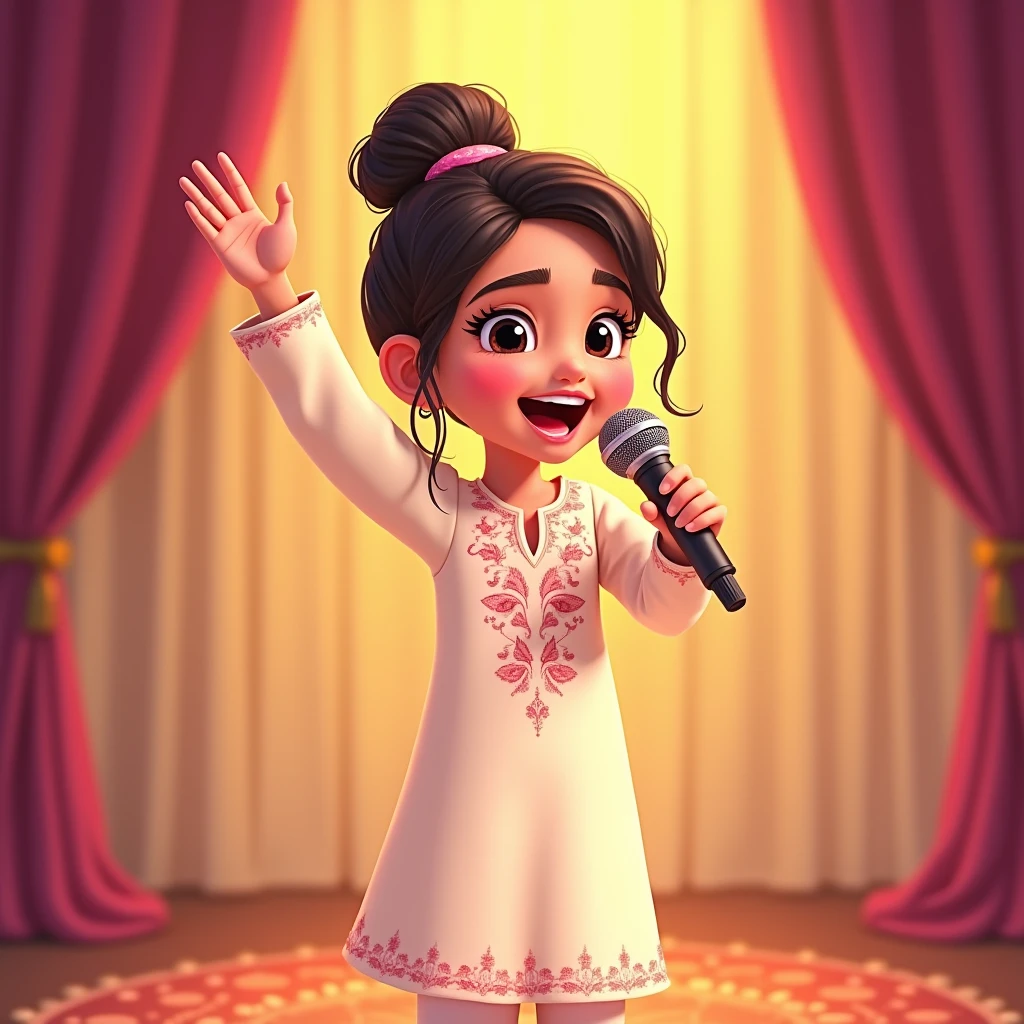 Lily, (highest quality, 4k, masterpiece:1.3), A young Pakistani Muslim girl wearing a traditional cream shalwar kameez with pink floral embroidery. Her hair is styled in a neat bun with loose strands framing her face, as seen in previous images. Holding a microphone in one hand, she stands with both arms raised joyfully, smiling broadly. The image is in a 2D animation style, with bright colors, cartoonish features, and soft, smooth shading. The background shows soft curtains, warm stage lighting, and a joyful atmosphere. Clear outlines, simple textures, and an illustrated, digital painting look. (Cream shalwar kameez, pink floral embroidery, consistent outfit:1.3), (same hairstyle as before:1.3), (microphone in hand:1.3)
