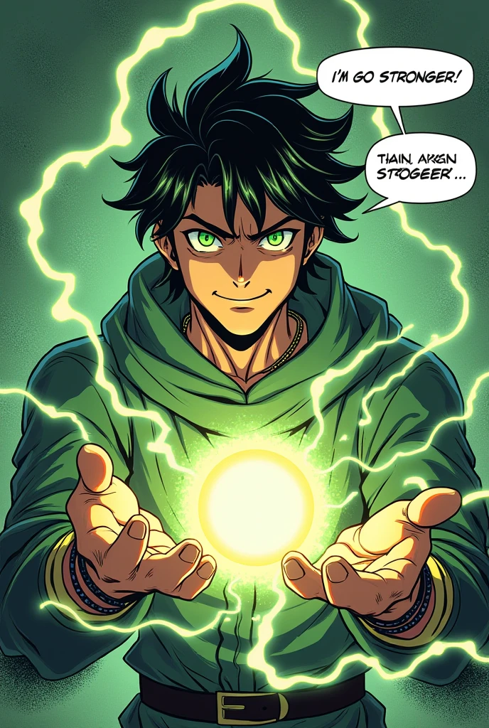 A manga scene of a man learning magic, he looks like Gojo but not so much, just his hair, his eyes are green and he makes a speech bubble of him saying that he is getting stronger and stronger.