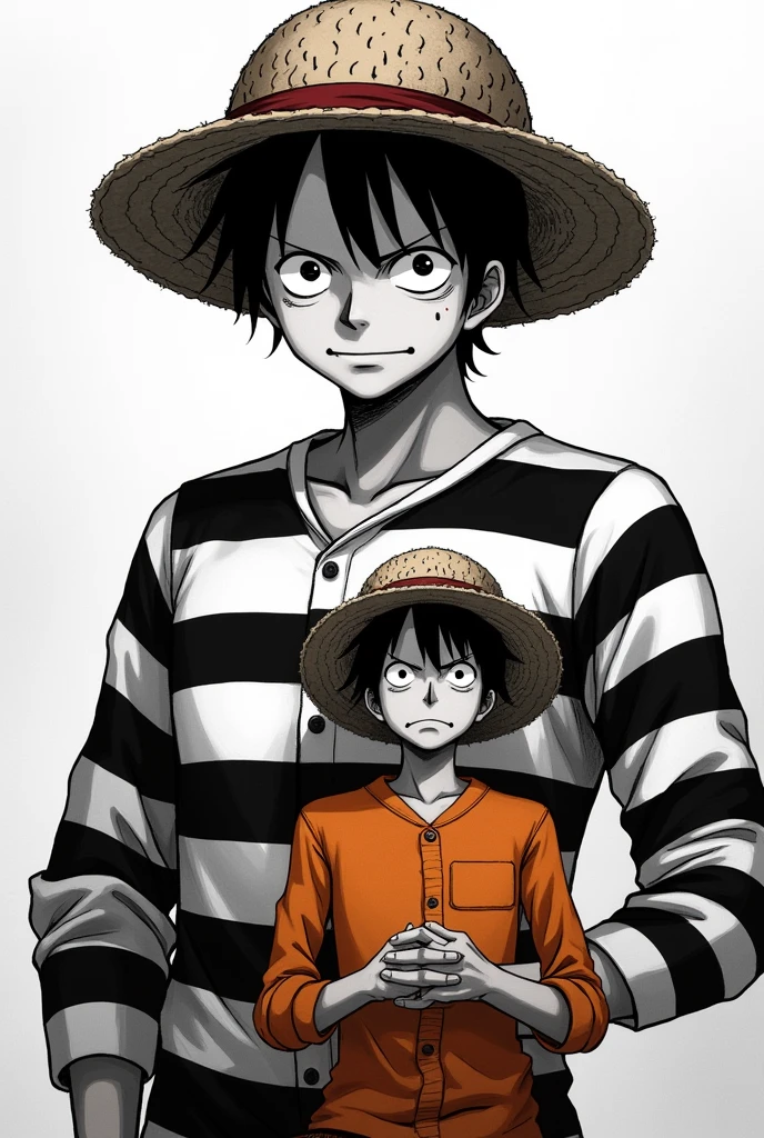 Monkey D. Luffy in a black and white striped long-sleeved prison uniform and Monkey D. .... Luffy in orange long sleeve prison uniform Original anime One Piece