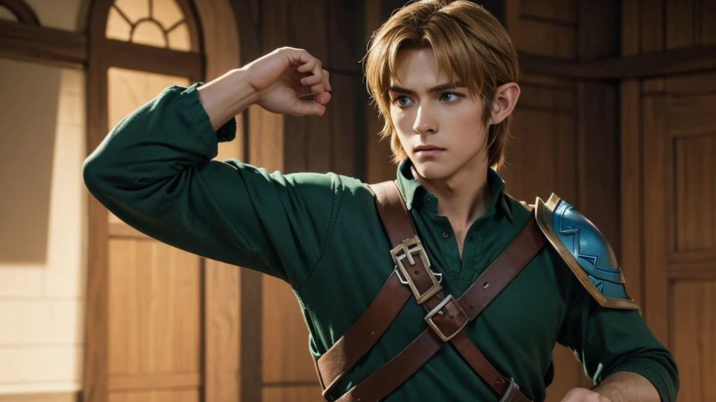 "A detailed portrait of Link from The Legend of Zelda, focusing on his upper body without his iconic green hat. Link stands confidently, with his shoulders squared and his head slightly tilted, giving him a determined yet calm expression. His hair is longer than usual, flowing just past his shoulders, with soft, golden strands framing his face. He is wearing his classic green tunic, the fabric slightly textured and worn from countless adventures. His Hylian Shield is slung over his back, and the Master Sword’s hilt is visible at his side. His gloved right hand is resting on the hilt, ready to draw it at a moment’s notice. His bright blue eyes are filled with resolve, and his expression reflects his unwavering courage."