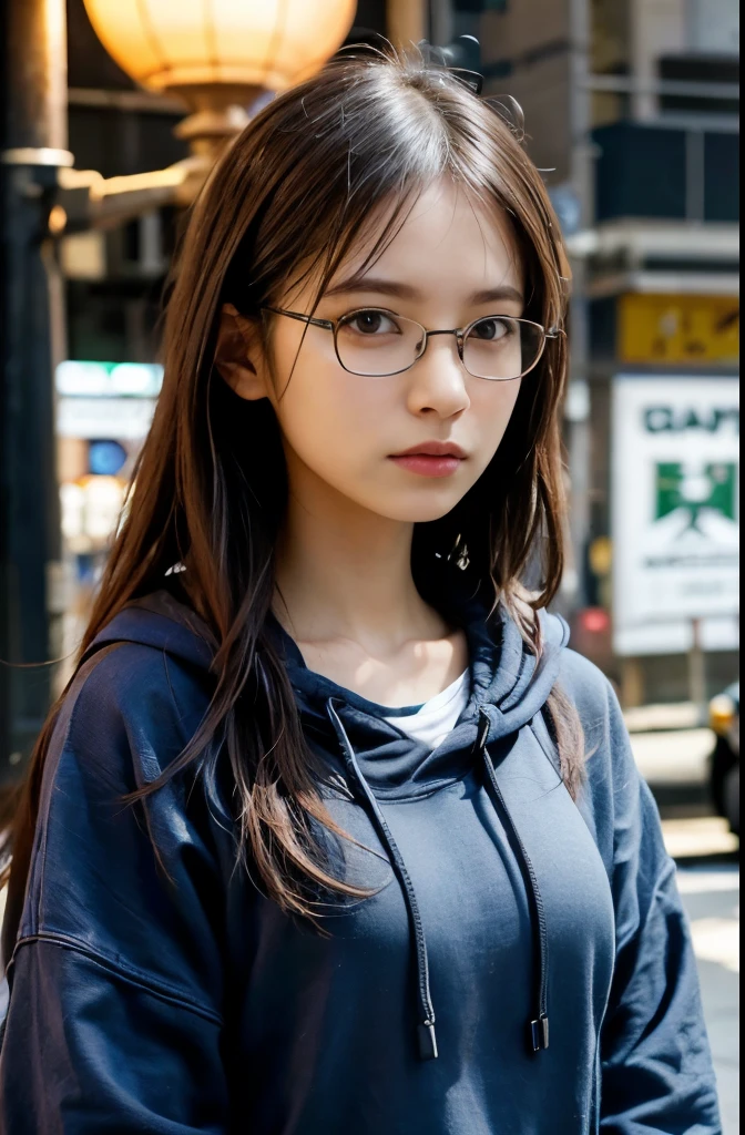 Photo of a beautiful woman standing on a street corner, (masterpiece:1.2, highest quality), (Realistic, photoRealistic:1.4), Beautiful illustrations, (Natural Side Lighting, Cinema Lighting), Written boundary depth, Beautiful thighs staring at the viewer, (((Face Focus, Upper Body))), 1 female, 30-year-old, alone, thin, slender, small breasts!!!, Loose curly hair, Bedhead, Forehead, thin, slender, (((glasses))), hoodie, Denim pants, Are standing, New York 25th Street, (((japanese))), portrait