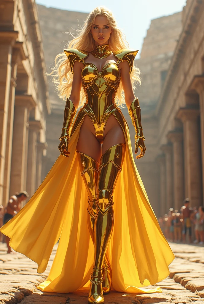 In the martial arts arena of the Colosseum in Greece、Martial arts tournaments、Saint Seiya、beautiful girl、huge breasts、chest neckline、beauty legs、(((Wearing futuristic combat armor that shines gold.))) of virgo