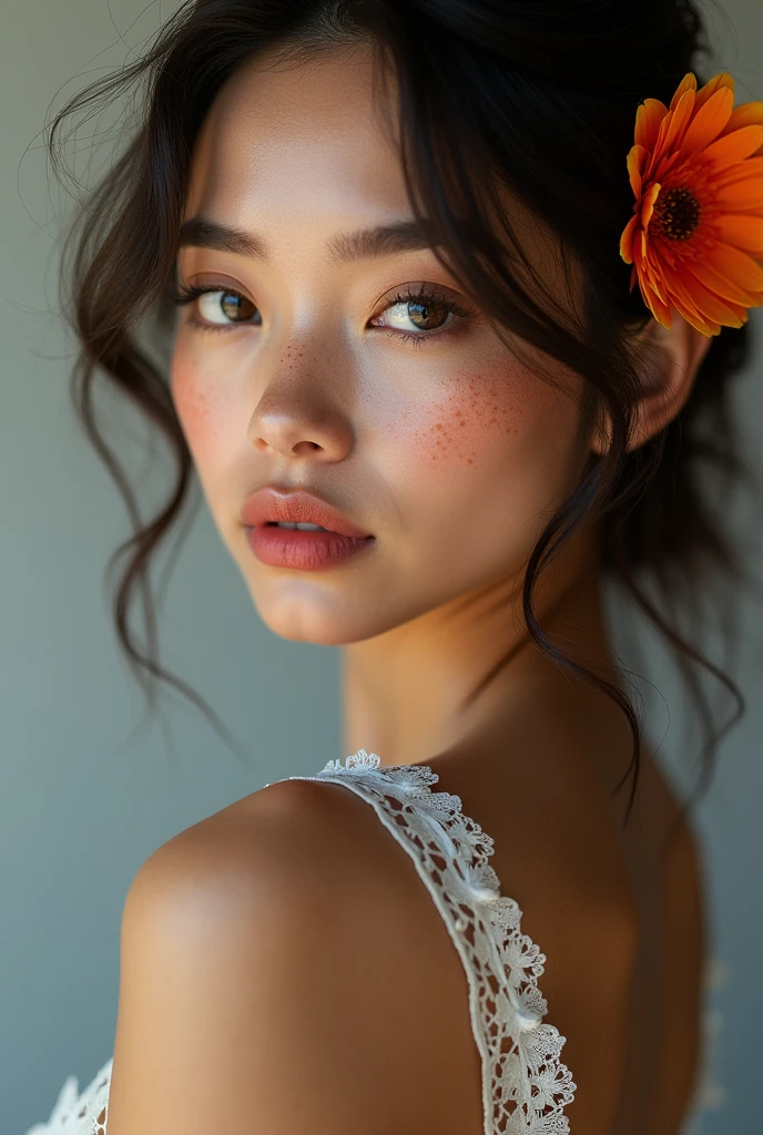  Photorealistic Profesional photoshoot of beauty shoot o model with flower in hair, freackles, close up, high end retouch, photo raw, studio light, white back, ultrasharp, hyperornate, Tamara Williams style photography, hdr, editorial photo, full face