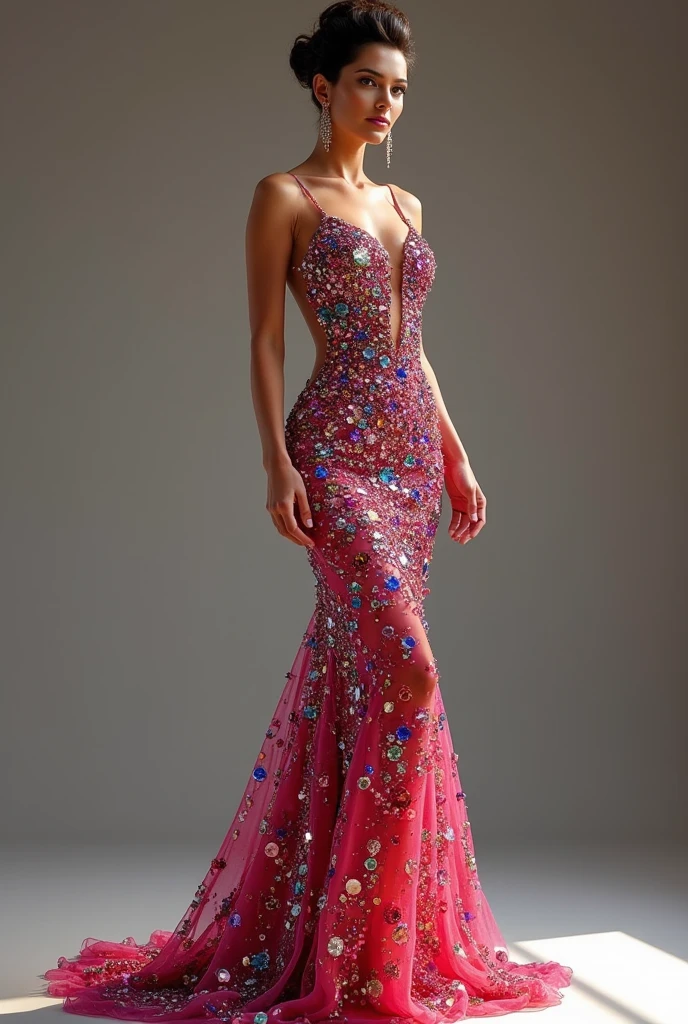 Woman model with hairstyle wearing long party dress with bright and colorful rhinestones. Show her whole body.