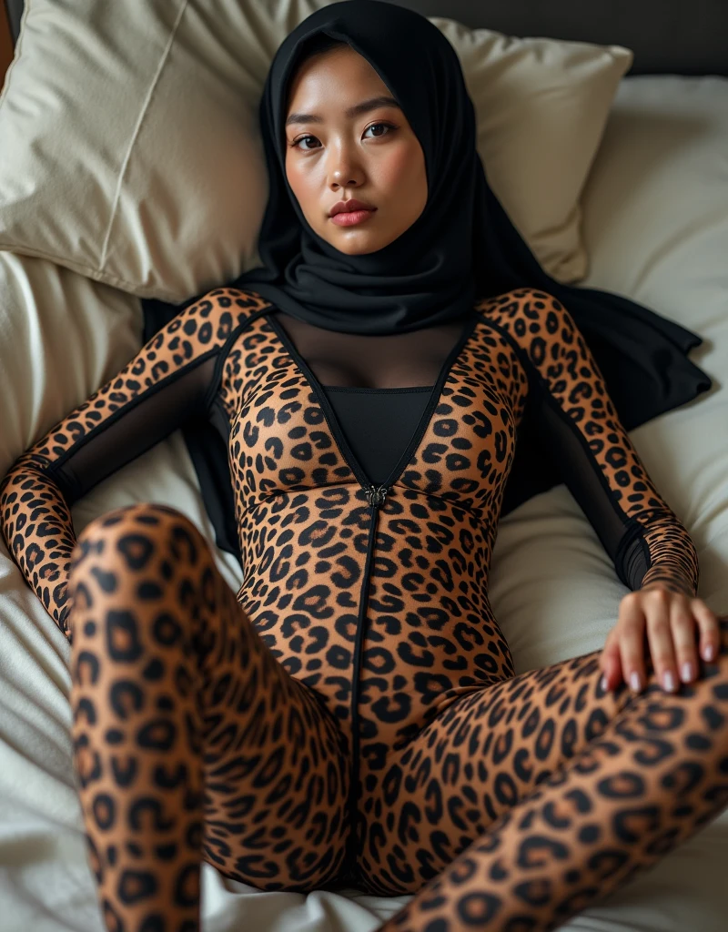 The beautiful,thin and clever asian muslimah adult girl with beautiful cheeks wears mix leopard print lycra footed turtleneck unitard catsuit covered with spots and stripes and mix leopard lycra elastane stretchy dancewear square hijab covered with spots.She is asleep when she sleeps on the mattress.