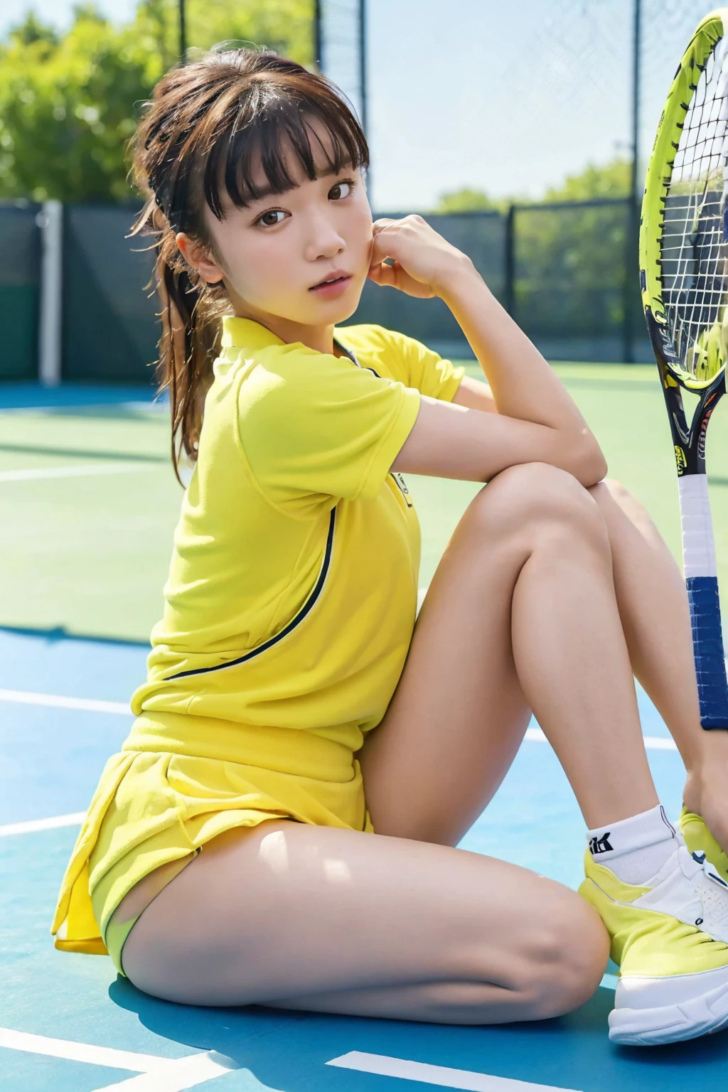 (1 person),(Best image quality, 8k, masterpiece:1.3),(bangs:1.3),(Sweat:1.1), (tennis racket:1.1), (Yellow tennis uniform), (Tennis court),(Tennis ball),whole body、Thighs