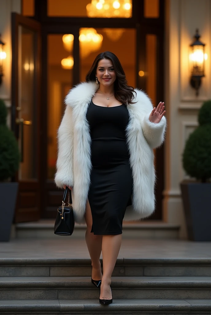 Corp femme /descend marche/Hotel 5 etoiles/nuit / paris/Manteau blanc en fourure/robe noire/finne/assez gros sein/hanches assez larges/talon/ souriante//sac a la main/realiste/fait coucou de la main gauche/