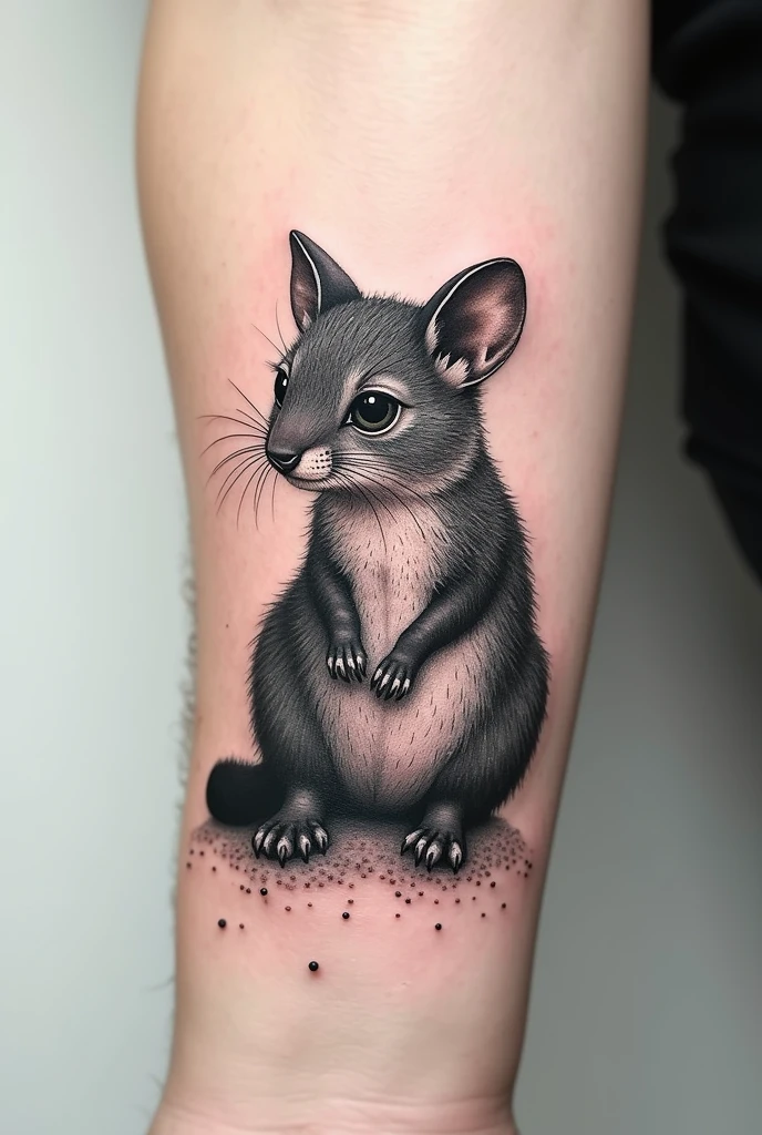 Create a micro realistic tattoo of a real animal in black and white pointillism