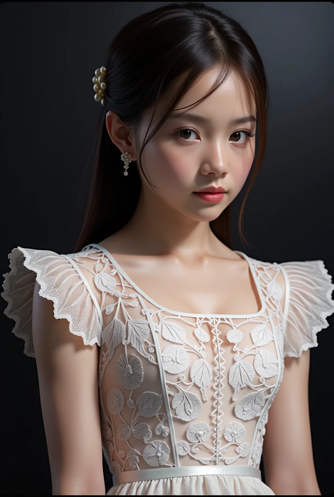 best quality, masterpiece,intricate detail, depth of field,highest quality,extremely detailed,high res,4k,ultra high res,detailed shadow,ultra realistic,realistic,dramatic lighting, 1 filipina girl, solo,detailed face,detailed eye,realistic skin,narrow waist,lace, lace trim,dress,delicate pattern, intricate detail, upper body shot, curvy body, brown skined