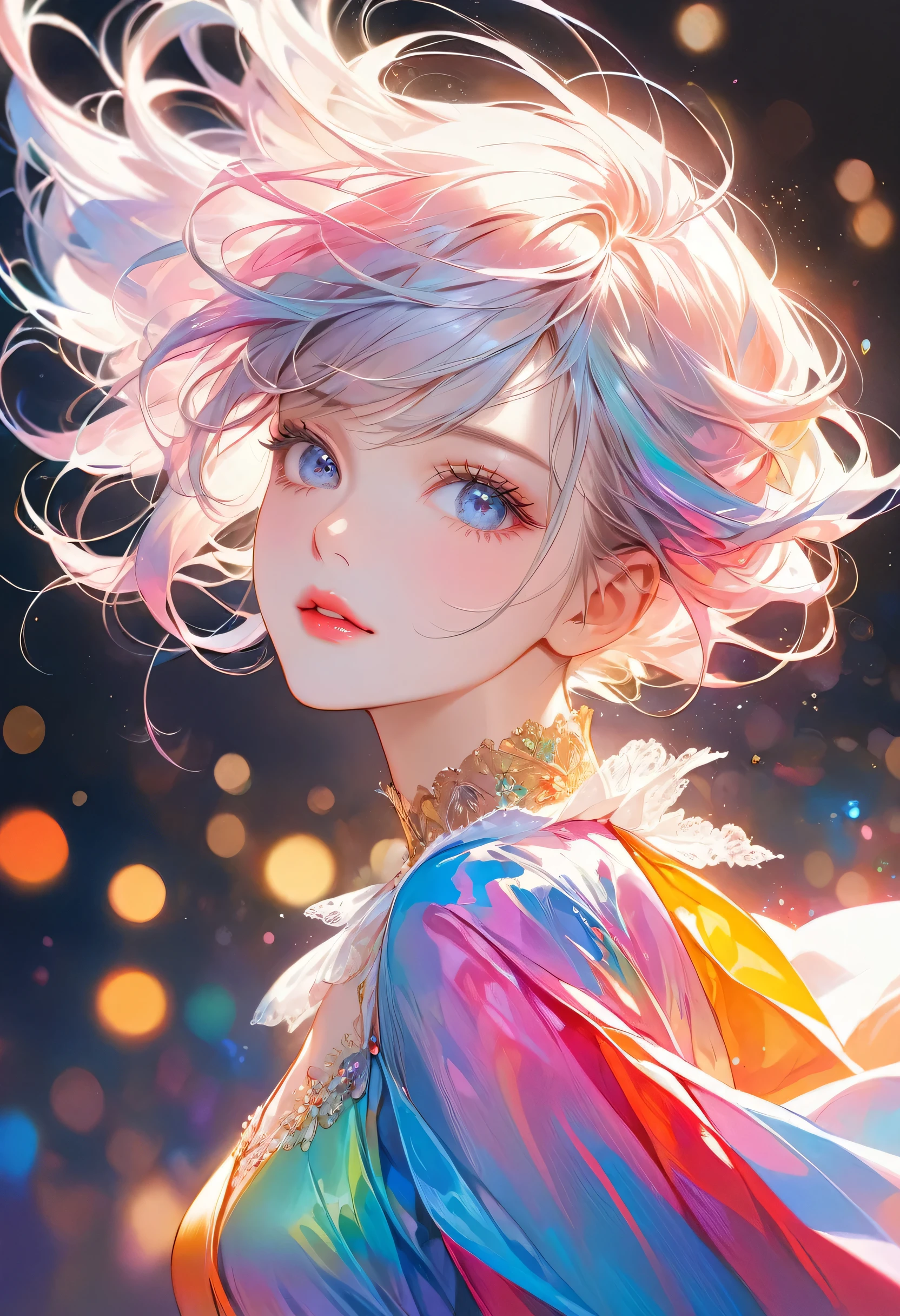 (best quality, highres, realistic:1.37), vivid colors, studio lighting, portraits, bokeh, oil painting, detailed eyes and face, beautiful detailed lips, long eyelashes, youthful appearance, energetic pose, dynamic movement, stage performance, solo performance, minimalist style, colorful clothes, vibrant background, dreamy lighting. anatomical correct:2
