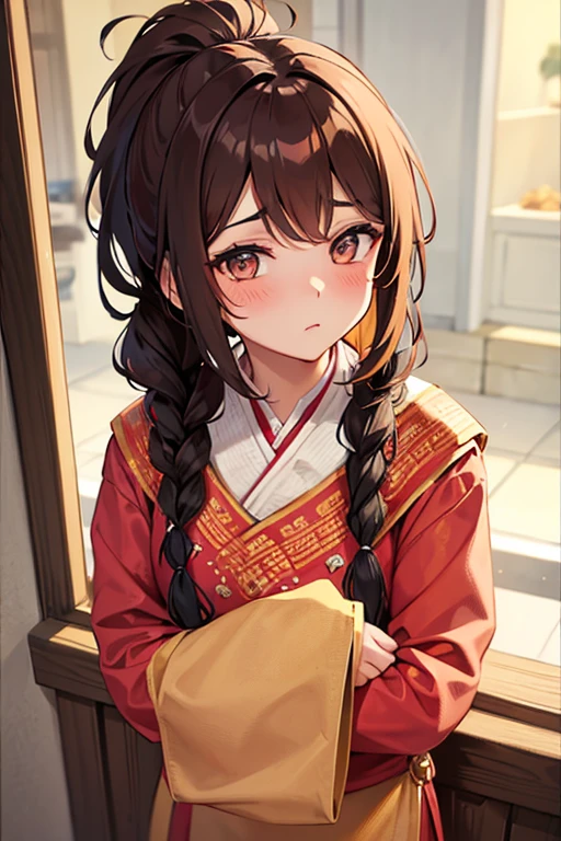 Woman, chestnut hair, coiffure, hair up, braid and ponytail, messy, traditional indian clothes, blush, looking ahead at viewer 