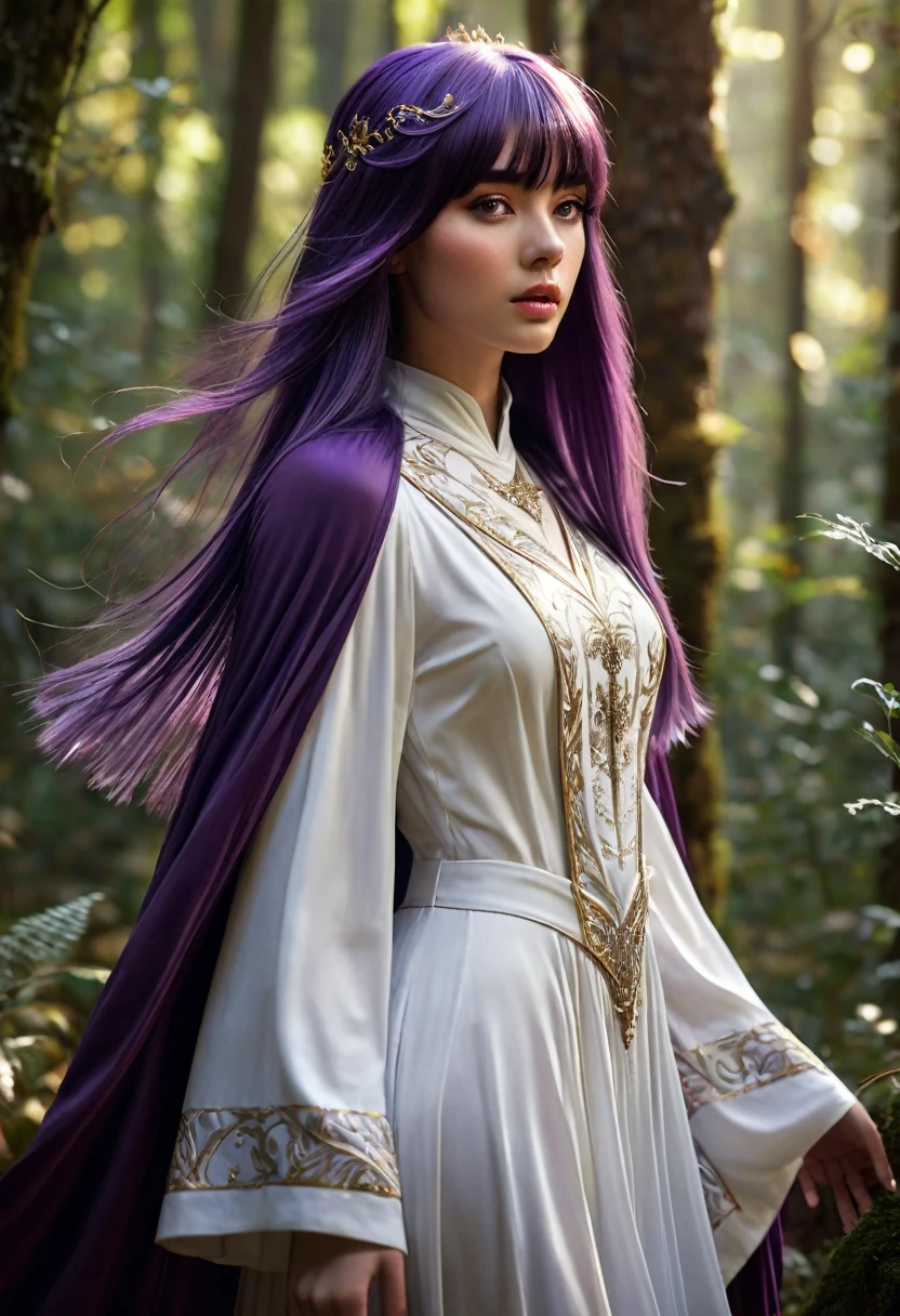 A young woman, long straight purple hair with bangs, dark purple eyes, (((a young woman with long purple princess hair 1.7)))(((very beautiful))), perfect faces, full body, she is in a forest during the day with sunlight on her face, warm palette, she is wearing a modest white medieval tunic with a black mage cape over it, purple eyes, , 8K, extremely detailed, (high quality, realistic, photorealistic: 1.37), ideal proportions and defined skin, meticulously crafted features, inaccessible beauty, perfection, artistic art, vivid realism, hyper-detailed sculpting, realistic shapes, truly inspiring, impeccable craftsmanship, pure brilliance, ethereal beauty, delicate contours, striking poses, sublime beauty, subtle nuances, dynamic compositions, vibrant colors, perfect lighting, moving expressions, heavenly aura, majestic presence, dreamlike atmosphere, unmatched detailed octane rendering trend in artstation, 8k art photography, photorealistic concept art, cinematic volumetric natural soft light, chiaroscuro, award winning photography, fine art, oil on canvas, beautiful, detailed, intricately, insane