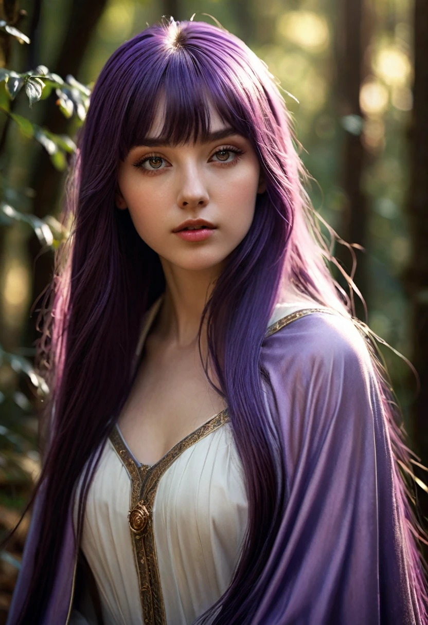 A young woman, long straight purple hair with bangs, dark purple eyes, (((a young woman with long purple princess hair 1.7)))(((very beautiful))), perfect faces, full body, she is in a forest during the day with sunlight on her face, warm palette, she is wearing a modest white medieval tunic with a black mage cape over it, purple eyes, , 8K, extremely detailed, (high quality, realistic, photorealistic: 1.37), ideal proportions and defined skin, meticulously crafted features, inaccessible beauty, perfection, artistic art, vivid realism, hyper-detailed sculpting, realistic shapes, truly inspiring, impeccable craftsmanship, pure brilliance, ethereal beauty, delicate contours, striking poses, sublime beauty, subtle nuances, dynamic compositions, vibrant colors, perfect lighting, moving expressions, heavenly aura, majestic presence, dreamlike atmosphere, unmatched detailed octane rendering trend in artstation, 8k art photography, photorealistic concept art, cinematic volumetric natural soft light, chiaroscuro, award winning photography, fine art, oil on canvas, beautiful, detailed, intricately, insane