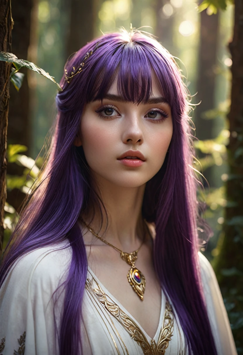 A young woman, long straight purple hair with bangs, dark purple eyes, (((a young woman with long purple princess hair 1.7)))(((very beautiful))), perfect faces, full body, she is in a forest during the day with sunlight on her face, warm palette, she is wearing a modest white medieval tunic with a black mage cape over it, purple eyes, , 8K, extremely detailed, (high quality, realistic, photorealistic: 1.37), ideal proportions and defined skin, meticulously crafted features, inaccessible beauty, perfection, artistic art, vivid realism, hyper-detailed sculpting, realistic shapes, truly inspiring, impeccable craftsmanship, pure brilliance, ethereal beauty, delicate contours, striking poses, sublime beauty, subtle nuances, dynamic compositions, vibrant colors, perfect lighting, moving expressions, heavenly aura, majestic presence, dreamlike atmosphere, unmatched detailed octane rendering trend in artstation, 8k art photography, photorealistic concept art, cinematic volumetric natural soft light, chiaroscuro, award winning photography, fine art, oil on canvas, beautiful, detailed, intricately, insane