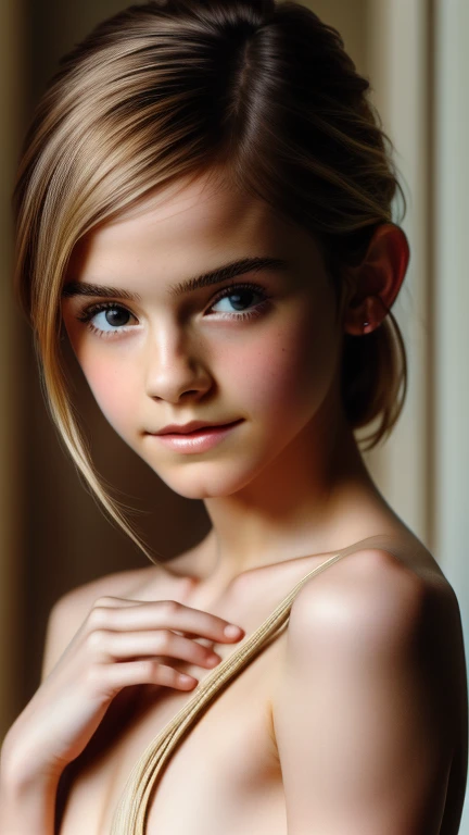 photorrealistic、Emma Watson:1.2、very fine、slim and beautiful、((breasts small:1.2)) narrow shoulders、realisticeyes、realisticeyes、、disheveled platinum blonde hair、Maximum quality、ultra-high resolution、8k、not until, ((( naked:0.9)))