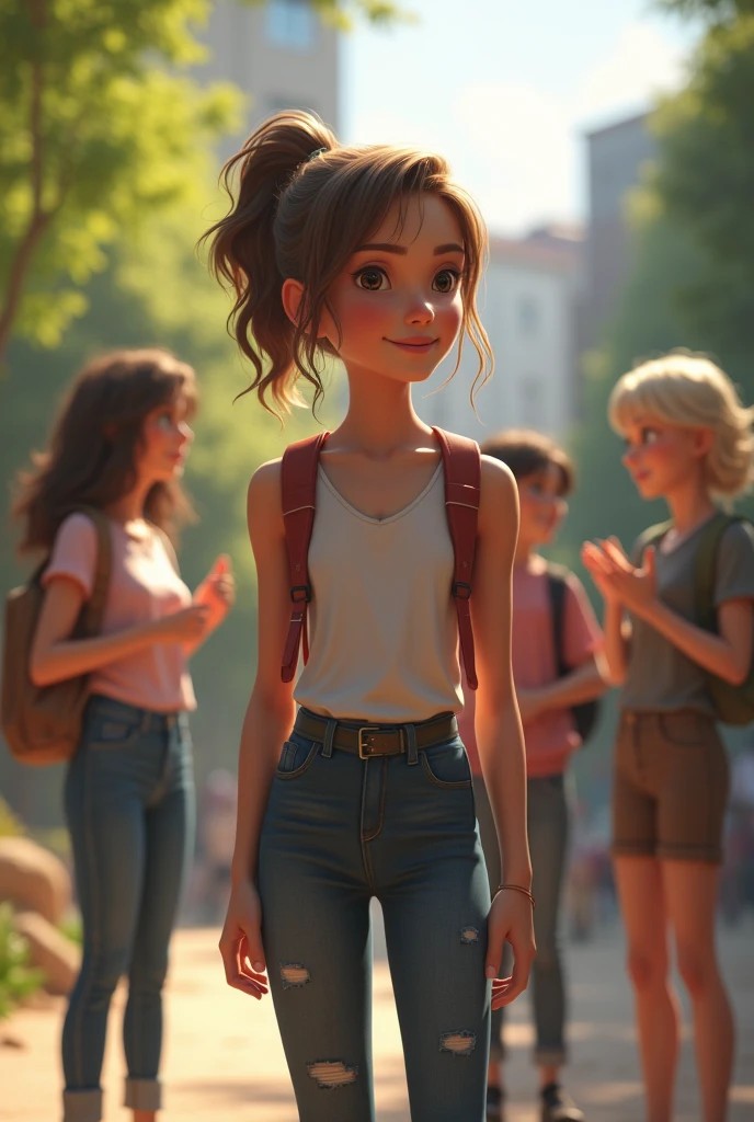 A girl talking to her friends who can be seen standing in the distance