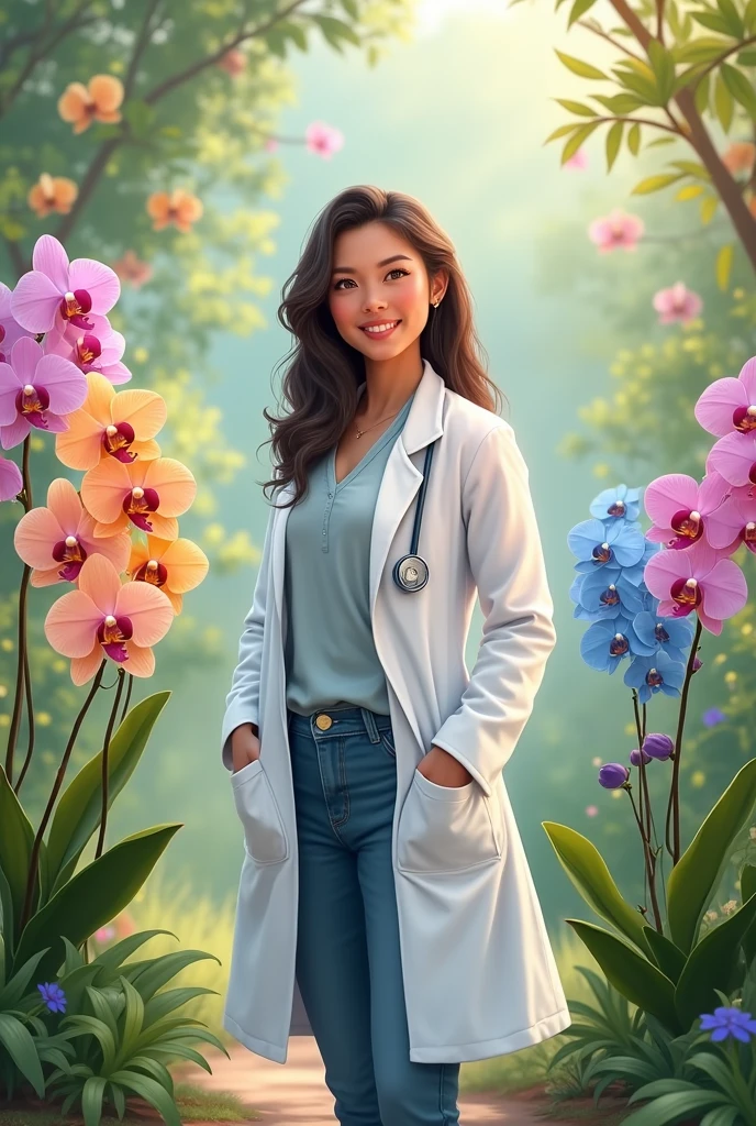 Maria, a 3 doctor, in the garden with orchids