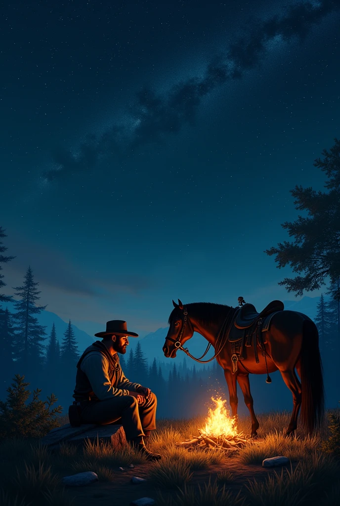 arthur morgan and his horse sitting near a campfire looking at the night sky full of stars.