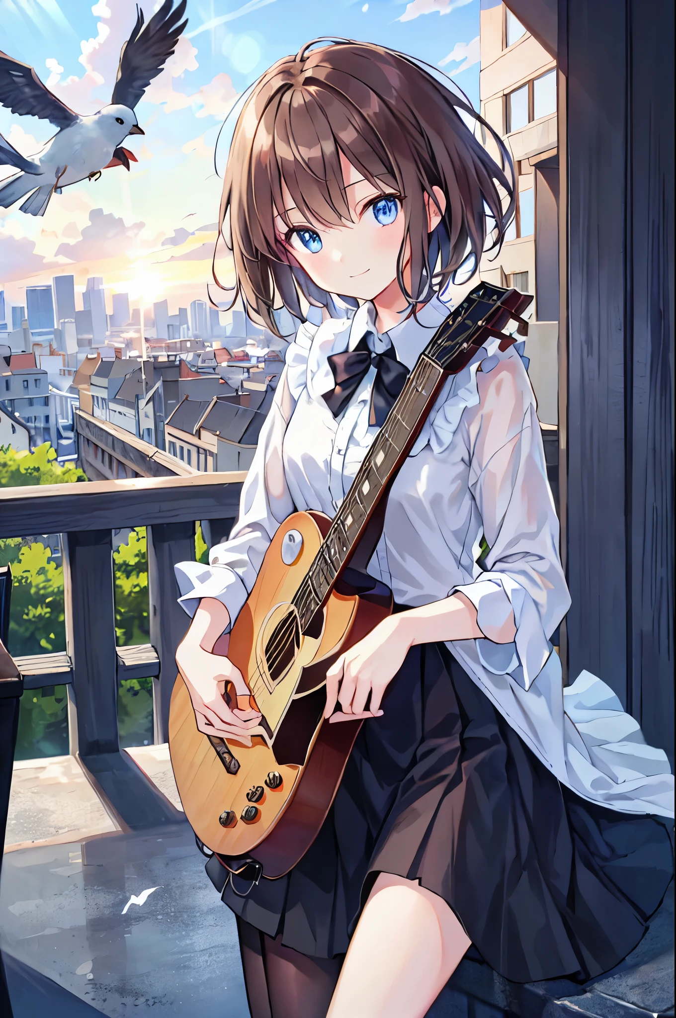 Brown Hair,Shortcuts,Messy Hair,Slender beauty,Hall々A positive attitude,Small box,Beautiful legs,Her enchanting grey-blue eyes shine like stars,beautiful girl,Tabletop, Highest quality,shape, wallpaper, Very detailed, Absurd, , alone, (Medium Short Hair、play the guitar、smile、Overlooking the city from the top of the hill、Early summer sunlight,Birds are flying,The sky is beautiful