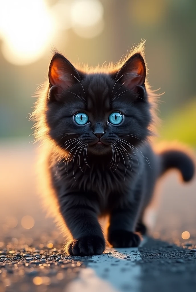 Fluffy cat,Playful,Curious,Bright Blue Eyes,Soft black fur,Whiskers twitching,Stretching in the sun,Cat grace and elegance,(Highest quality,4K,High resolution),Vibrant colors,lively and energetic,dream-like、Whimsical,Subtle pastel colors,Soft lighting,Strolling along the roadside、Happy expression