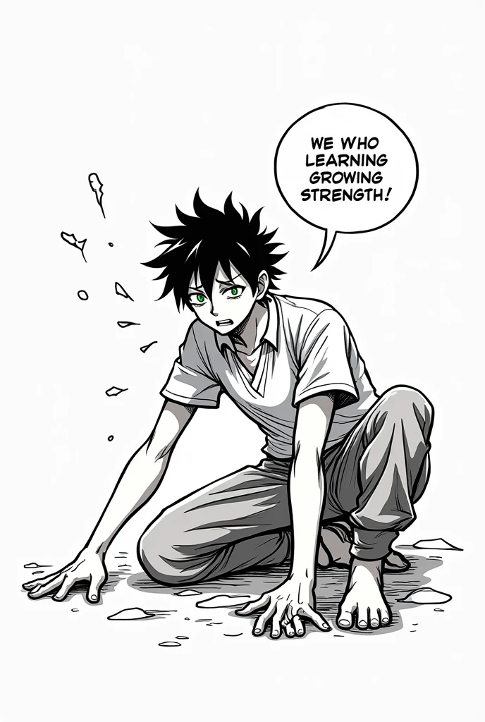 A manga scene of a man learning magic, he looks like Gojo but not so much, just his hair, his eyes are green and he has a speech bubble saying that he is getting stronger and stronger, the black and white manga style drawing of him training tiredly leaning on his legs.